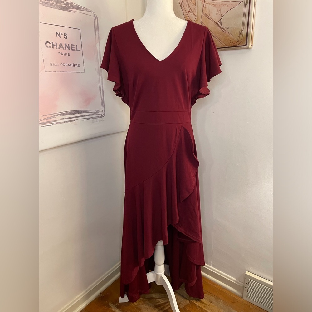 Miusol Formal Short Sleeve Wrap Waist Long Dress Burgundy Size Large